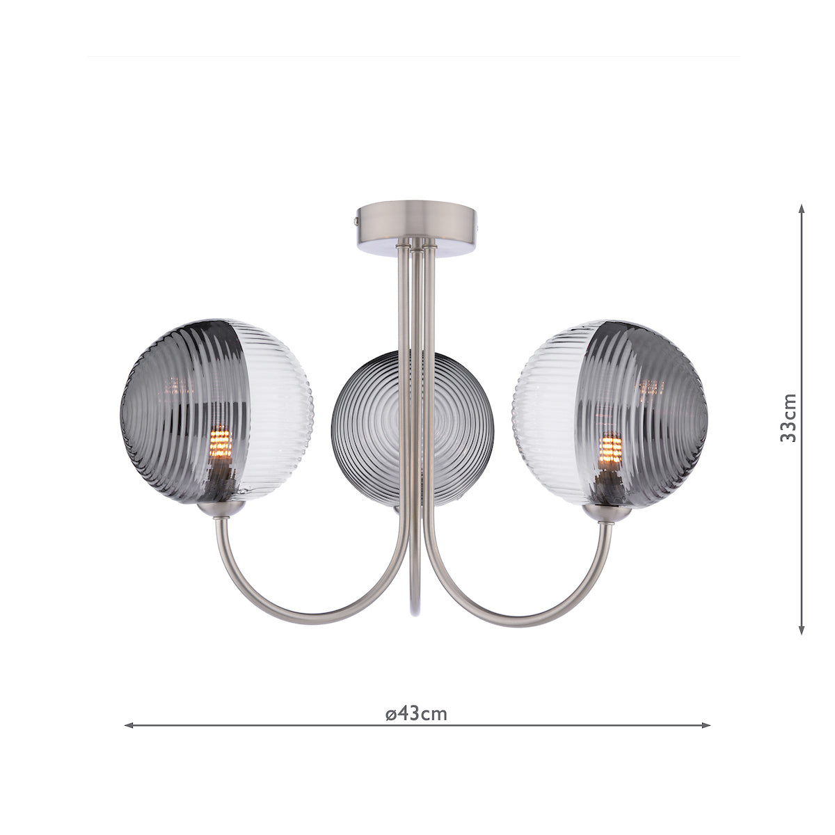 Dar Jared 3 Light Semi-Flush Satin Nickel & Smoked/Clear Ribbed Glass – from Amos Lighting + Home