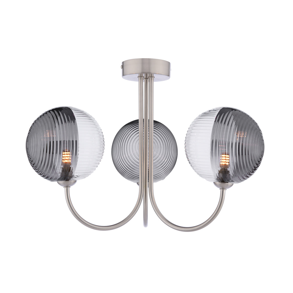 Dar Jared 3 Light Semi-Flush Satin Nickel & Smoked/Clear Ribbed Glass – from Amos Lighting + Home
