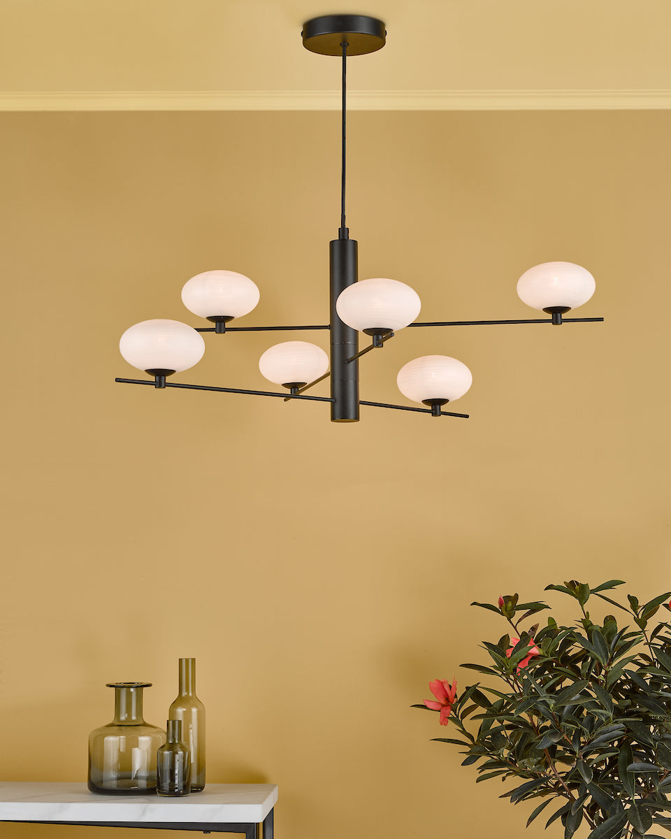 Dar Jasper 6 Light Pendant Matt Black and Opal Glass – from Amos Lighting + Home