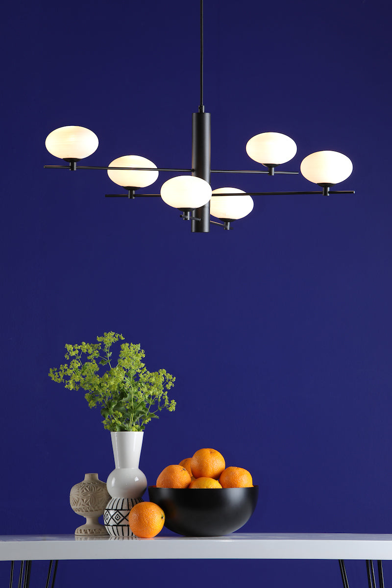 Dar Jasper 6 Light Pendant Matt Black and Opal Glass – from Amos Lighting + Home