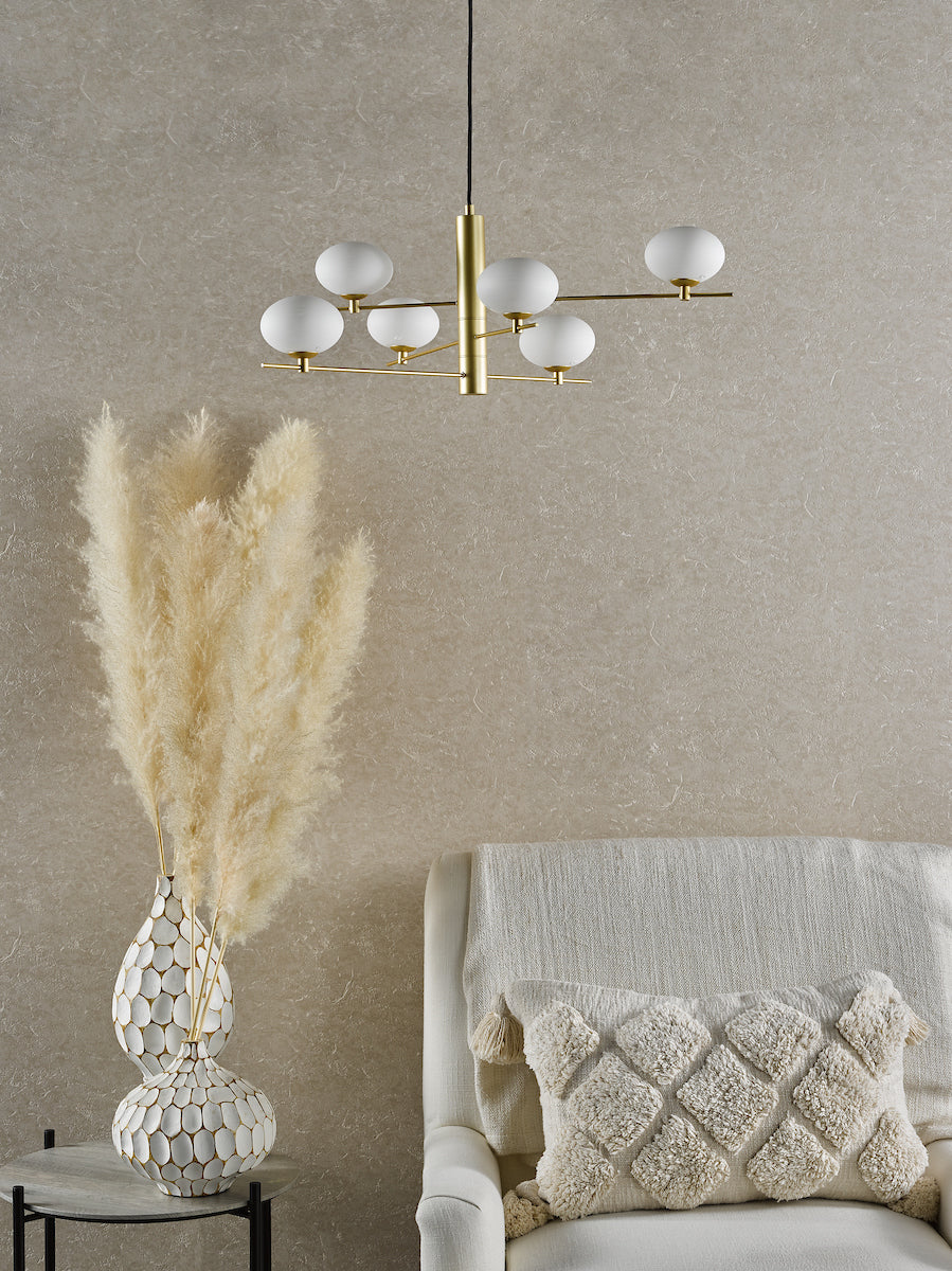 Dar Jasper 6 Light Pendant Satin Gold and Opal Glass – from Amos Lighting + Home