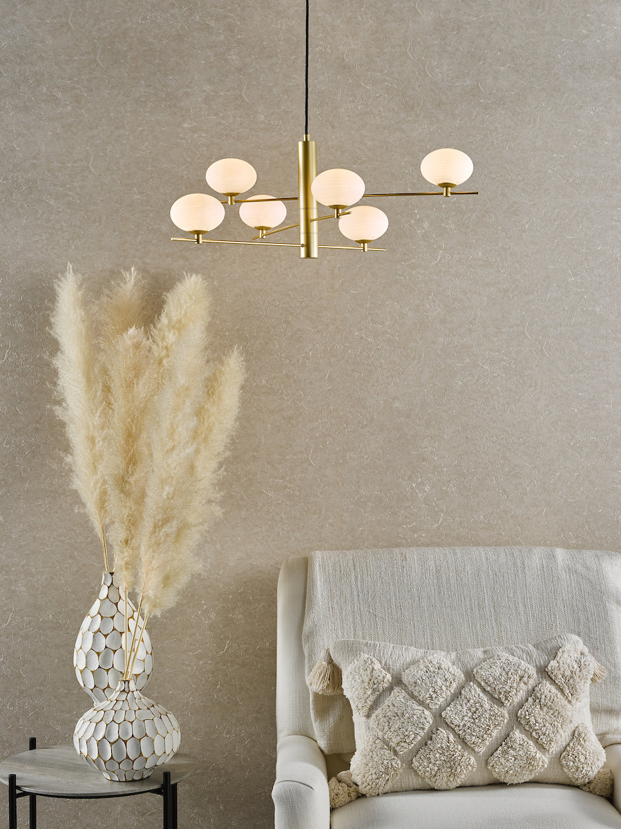 Dar Jasper 6 Light Pendant Satin Gold and Opal Glass – from Amos Lighting + Home