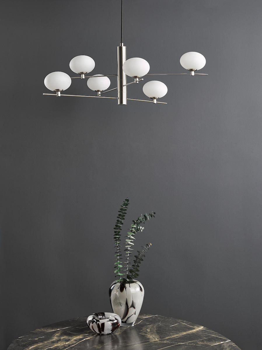 Dar Jasper 6 Light Pendant Satin Nickel and Opal Glass – from Amos Lighting + Home