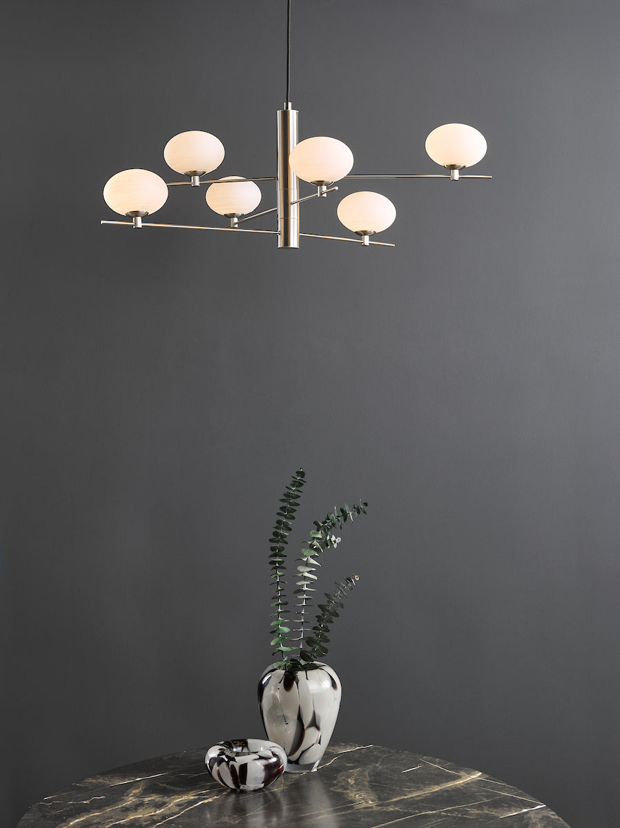 Dar Jasper 6 Light Pendant Satin Nickel and Opal Glass – from Amos Lighting + Home