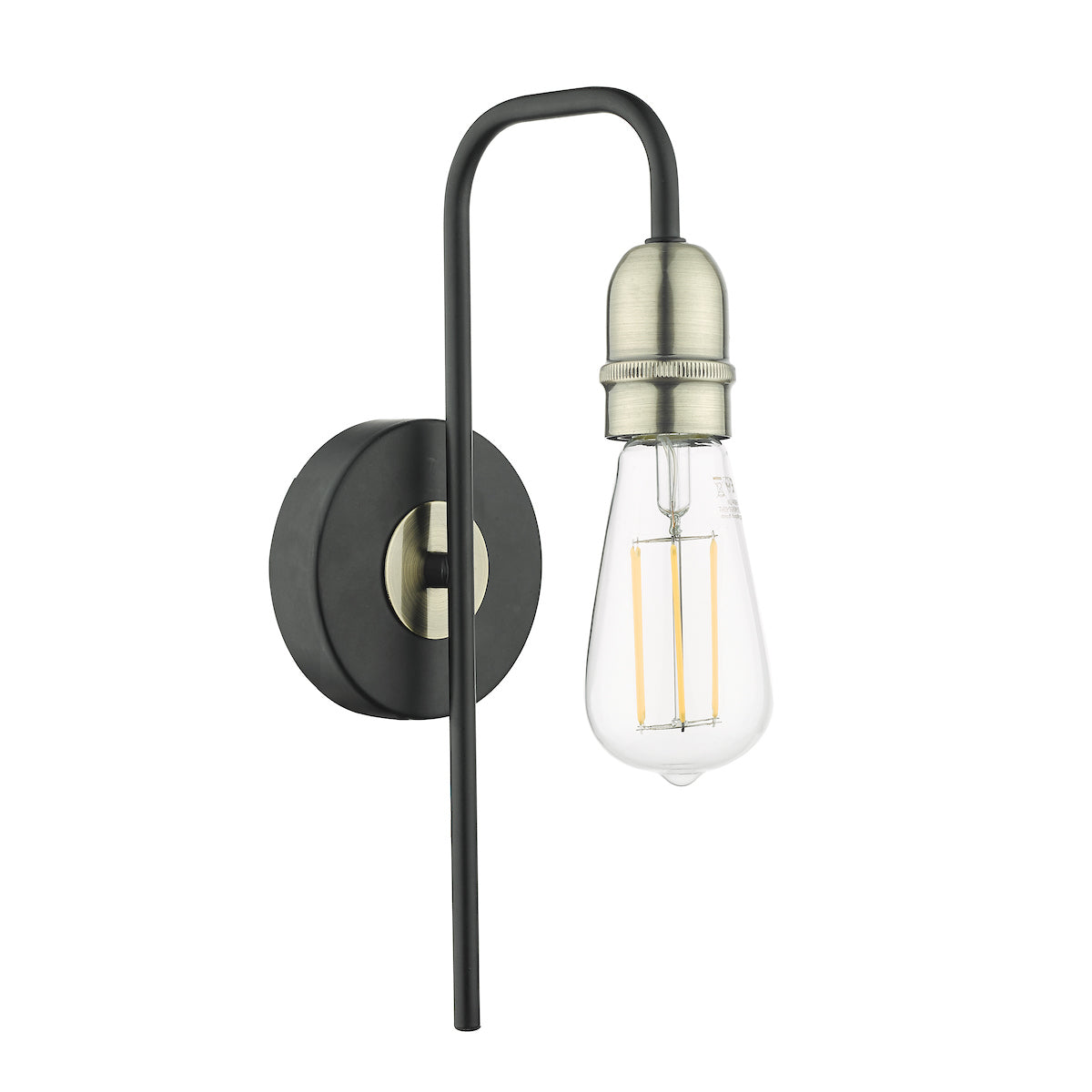 Black and antique brass wall light with exposed vintage filament bulb