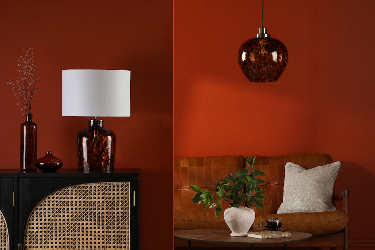 Dar Leandra Pendant Tortoiseshell Glass and Antique Brass – from Amos Lighting + Home