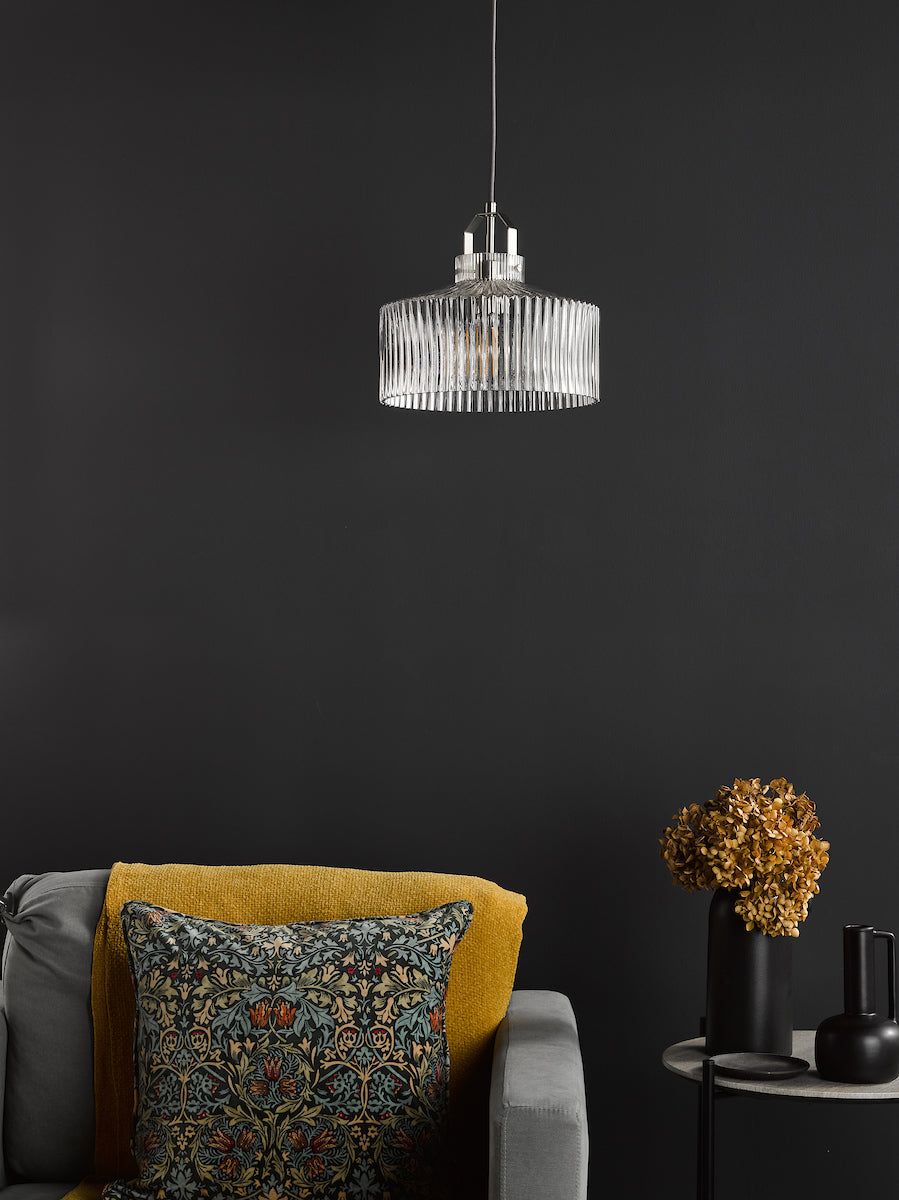Dar Lenka Pendant Satin Nickel and Ribbed Glass – from Amos Lighting + Home