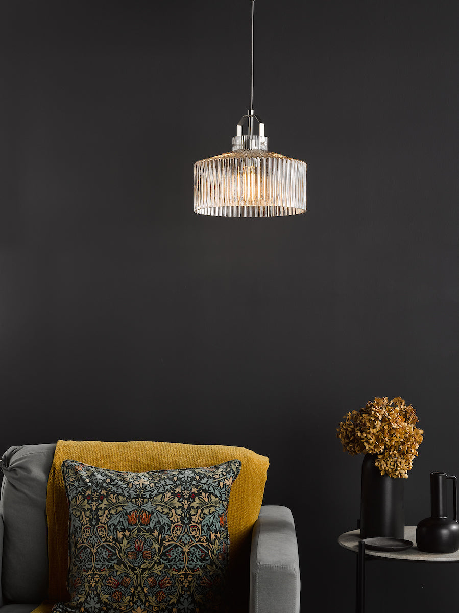 Dar Lenka Pendant Satin Nickel and Ribbed Glass – from Amos Lighting + Home