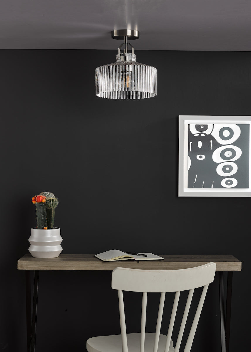 Dar Lenka Semi-Flush Satin Nickel and Ribbed Glass – from Amos Lighting + Home