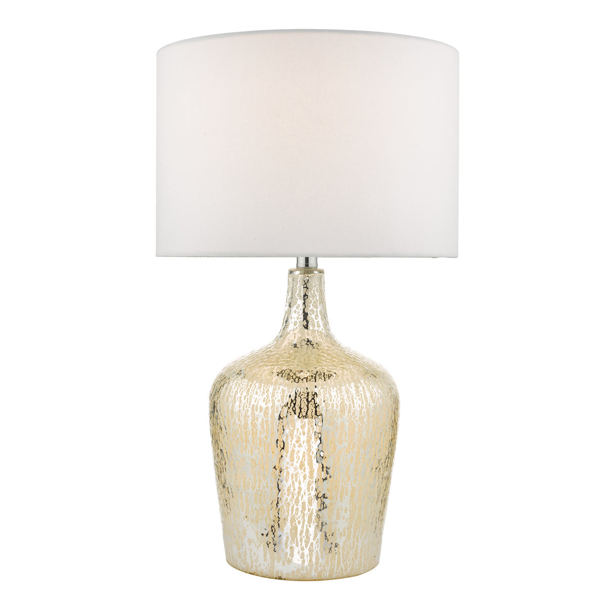 Silver glass table lamp with hammered texture and white fabric shade