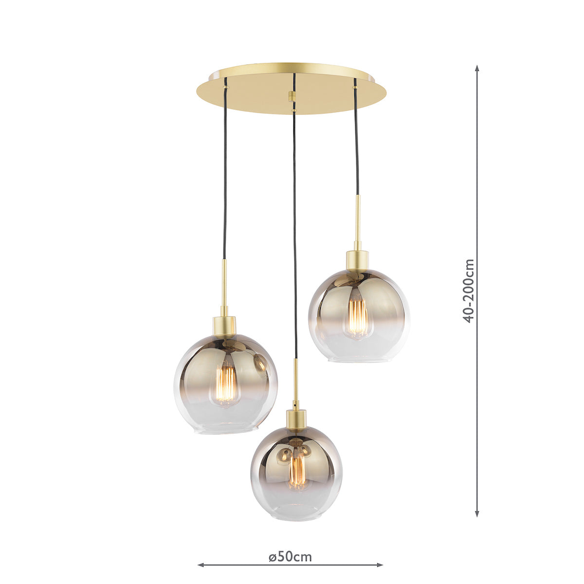 Dar Lycia 3 Light Cluster Pendant Polished Gold and Gold Ombre Glass – from Amos Lighting + Home