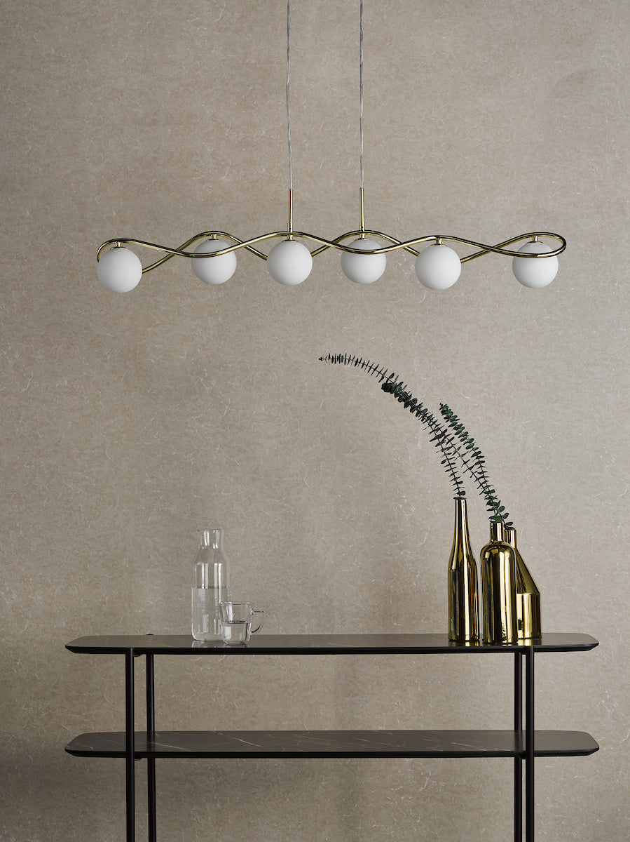 Dar Lysandra 6 Light Bar Pendant Polished Gold and Opal Glass – from Amos Lighting + Home