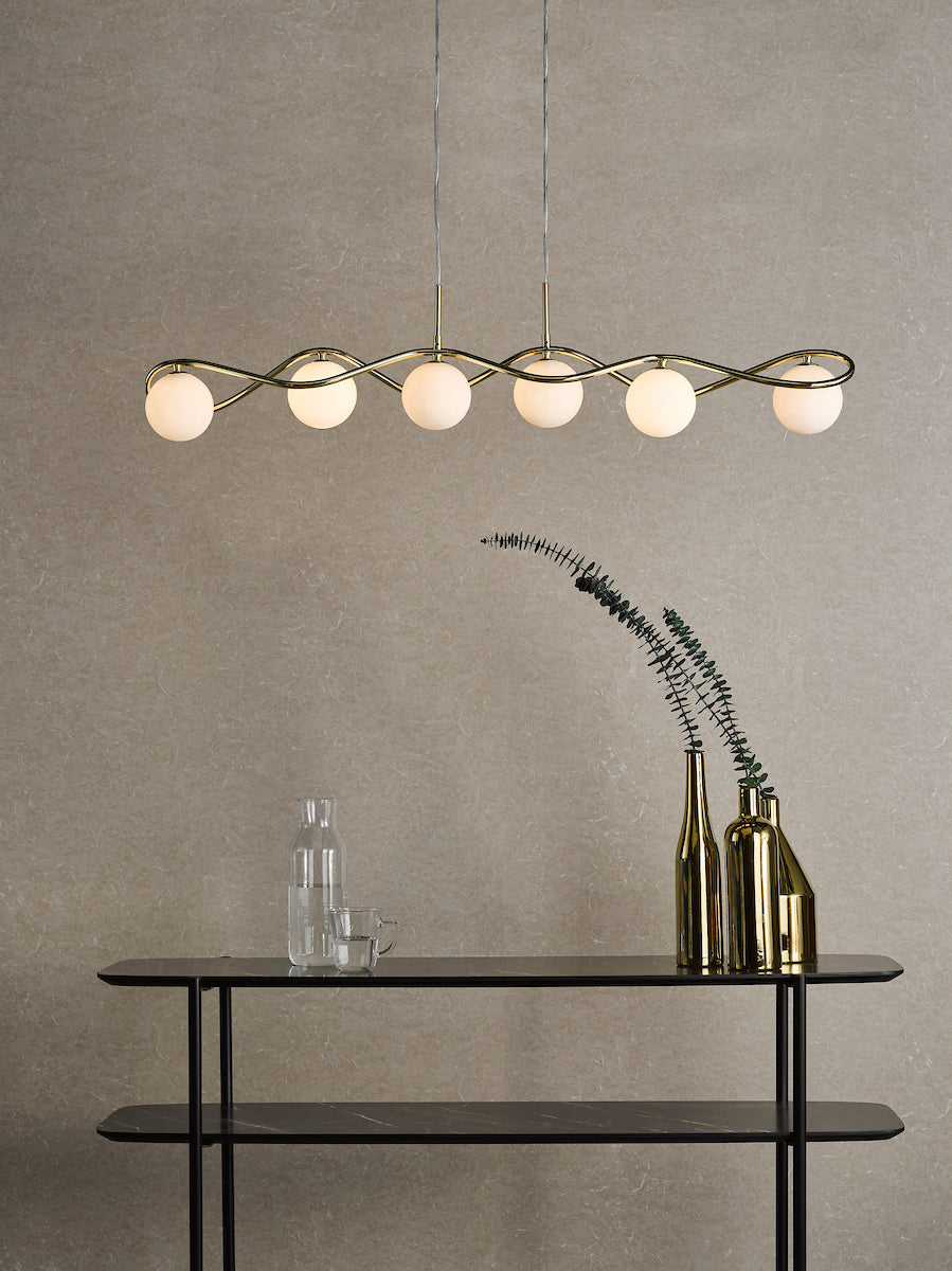 Dar Lysandra 6 Light Bar Pendant Polished Gold and Opal Glass – from Amos Lighting + Home