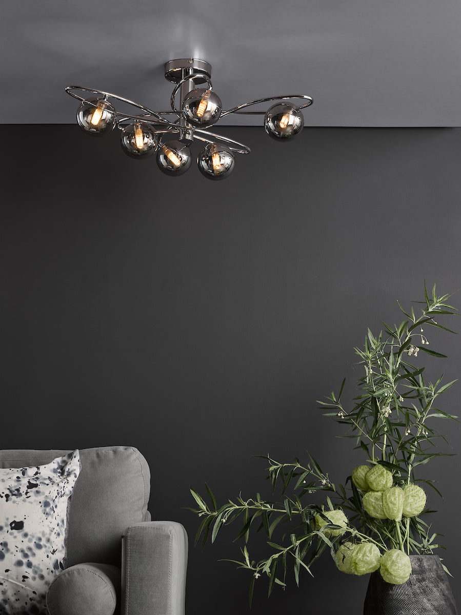 Dar Lysandra 6 Light Semi-Flush Polished Chrome and Smoked Glass – from Amos Lighting + Home