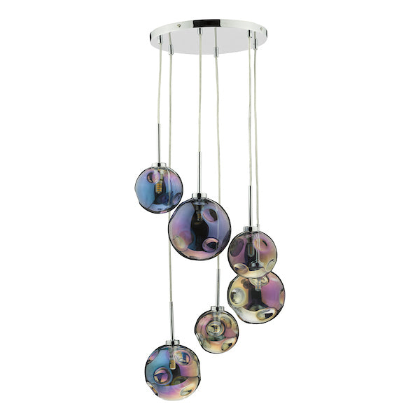 Dar Mira 6 Light Cluster Pendant with Iridised Glass – from Amos Lighting + Home