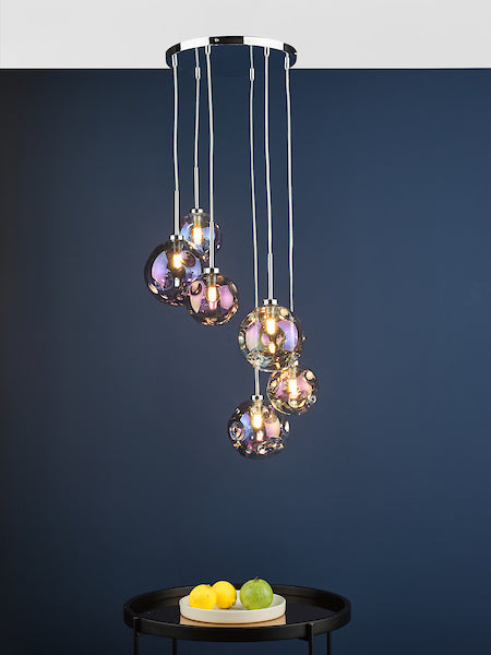 Dar Mira 6 Light Cluster Pendant with Iridised Glass – from Amos Lighting + Home