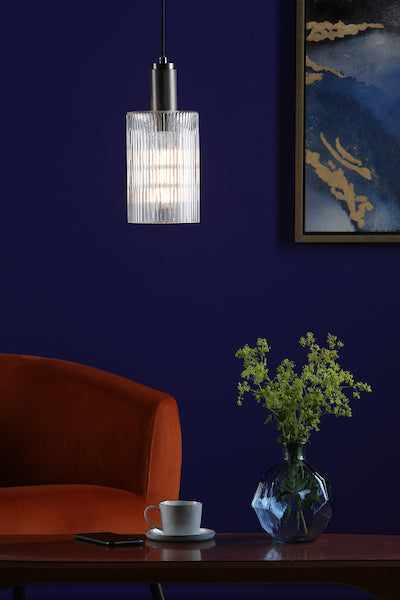 Dar Nikolas Antique Chrome Pendant Ribbed Cylinder Glass – from Amos Lighting + Home