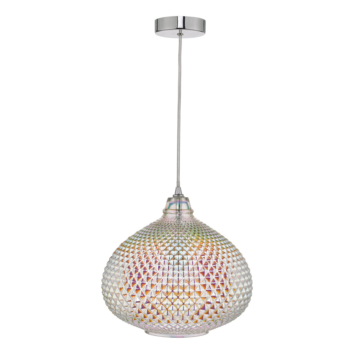 Dar Roisin iridescent glass pendant light with chrome ceiling mount, textured diamond pattern