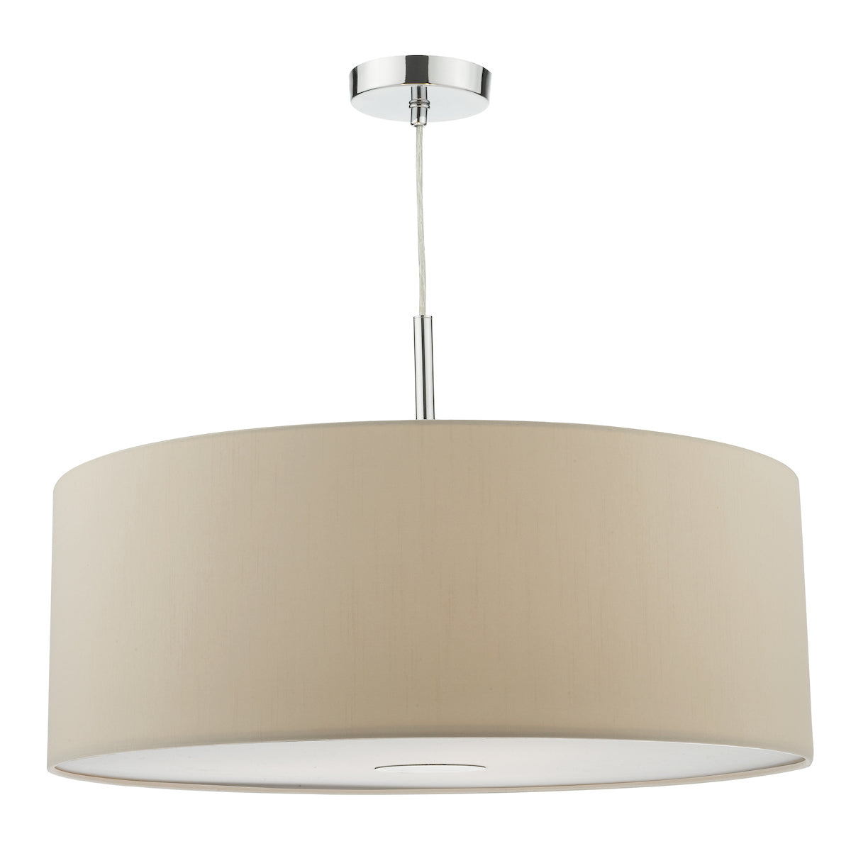 Ecru beige drum pendant light with chrome ceiling mount and white diffuser