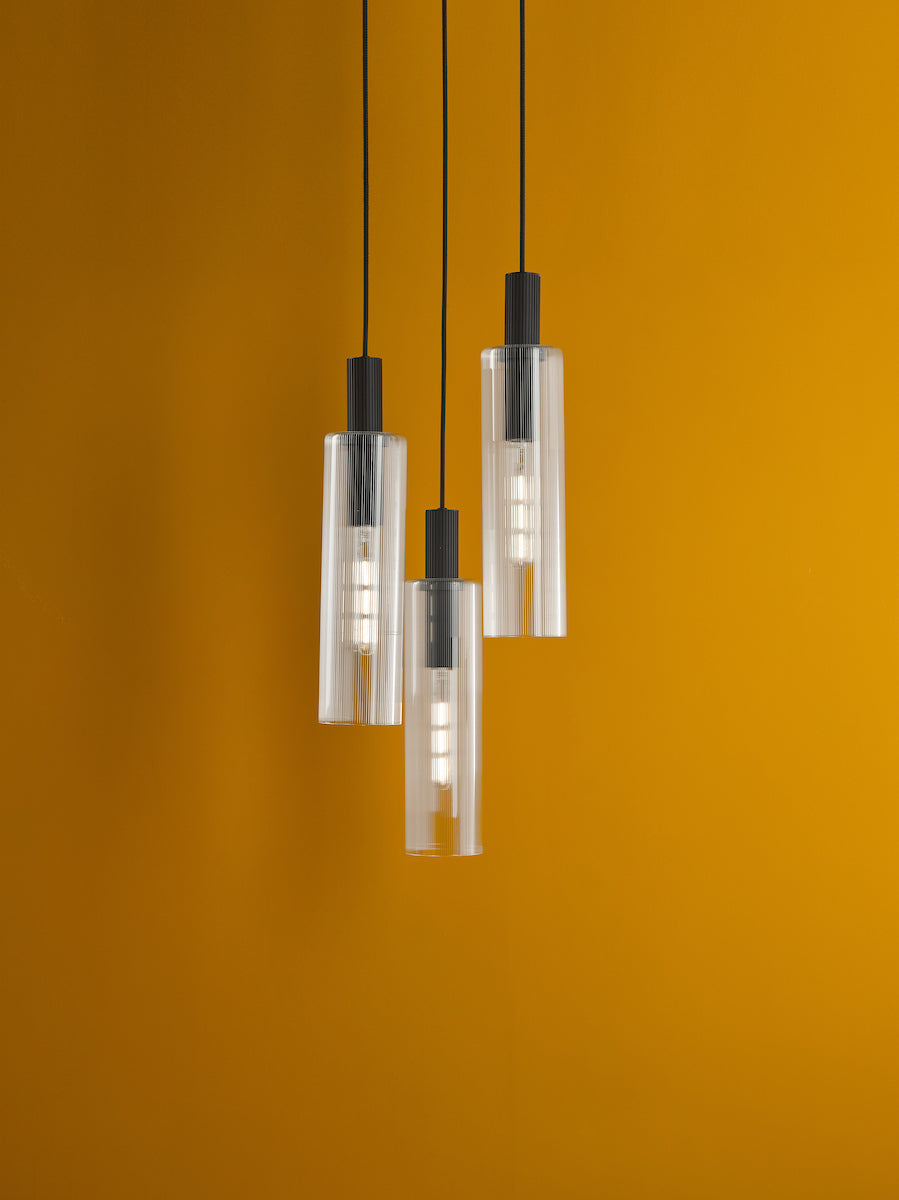 Dar Ruben 3 Light Cluster Pendant Satin Black and Ribbed Glass – from Amos Lighting + Home