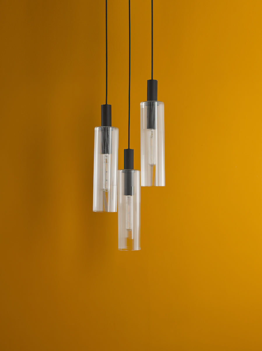 Dar Ruben 3 Light Cluster Pendant Satin Black and Ribbed Glass – from Amos Lighting + Home