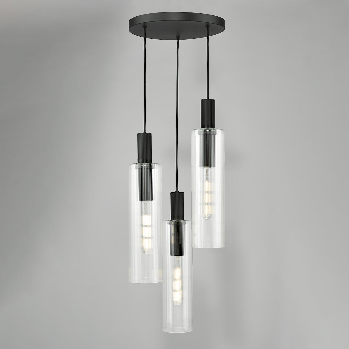 Dar Ruben 3 Light Cluster Pendant Satin Black and Ribbed Glass – from Amos Lighting + Home