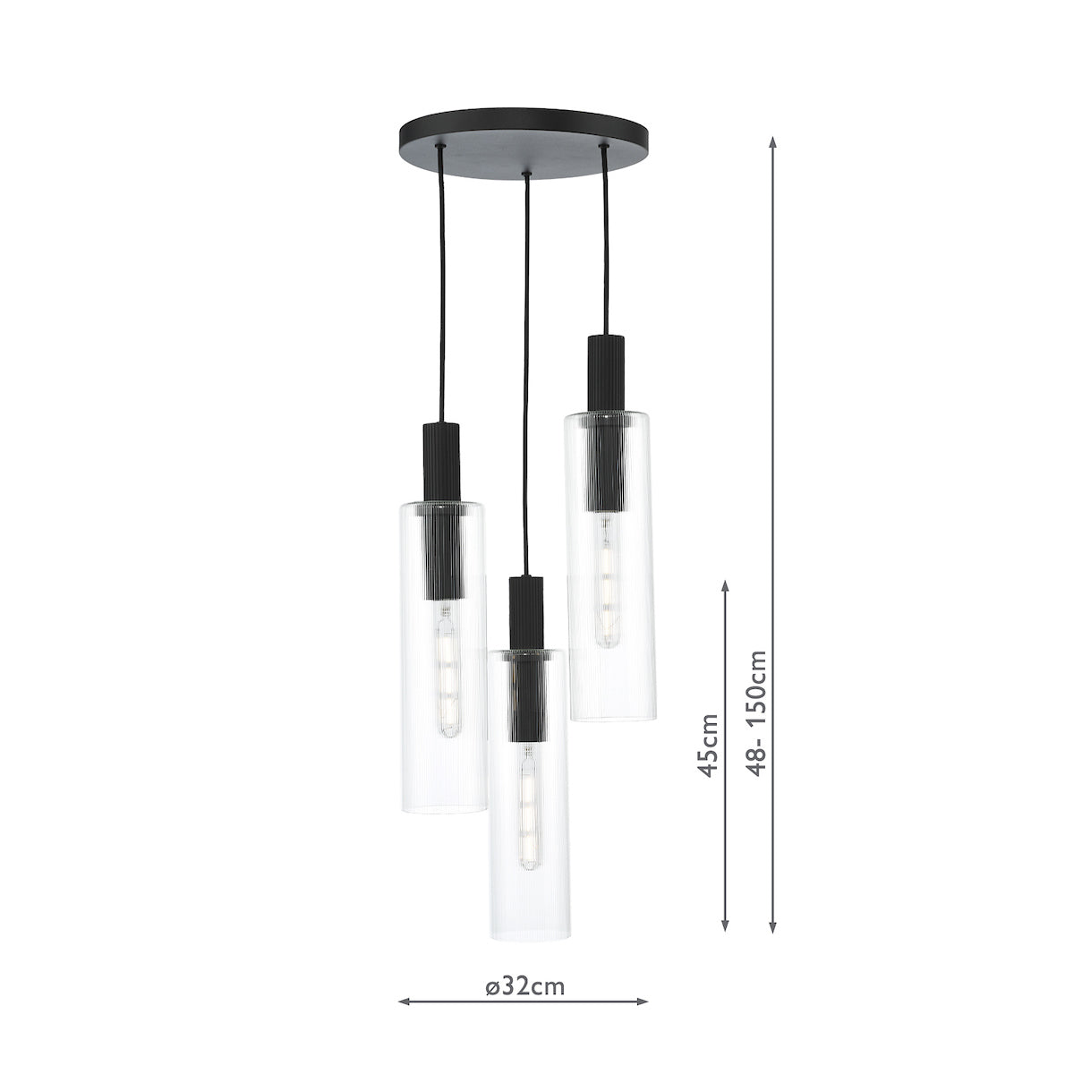Dar Ruben 3 Light Cluster Pendant Satin Black and Ribbed Glass – from Amos Lighting + Home