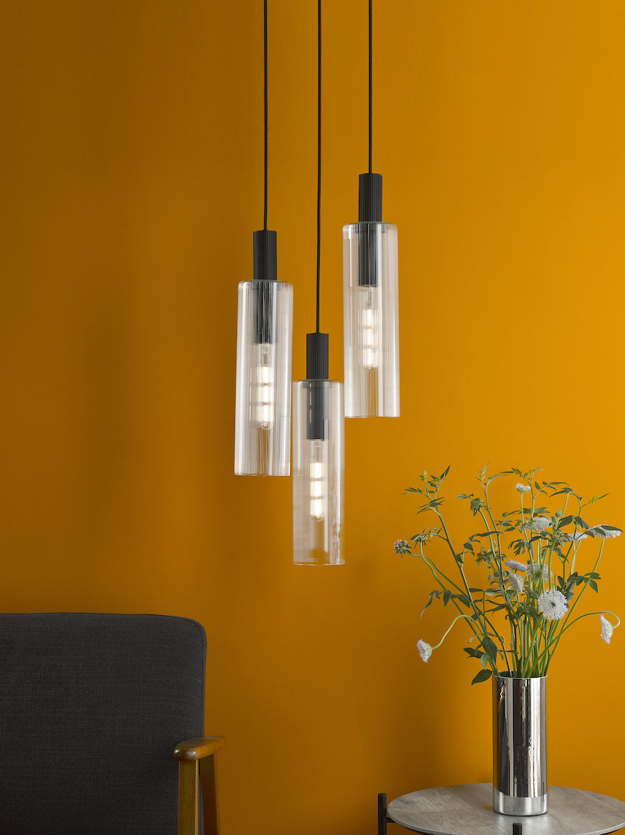 Dar Ruben 3 Light Cluster Pendant Satin Black and Ribbed Glass – from Amos Lighting + Home