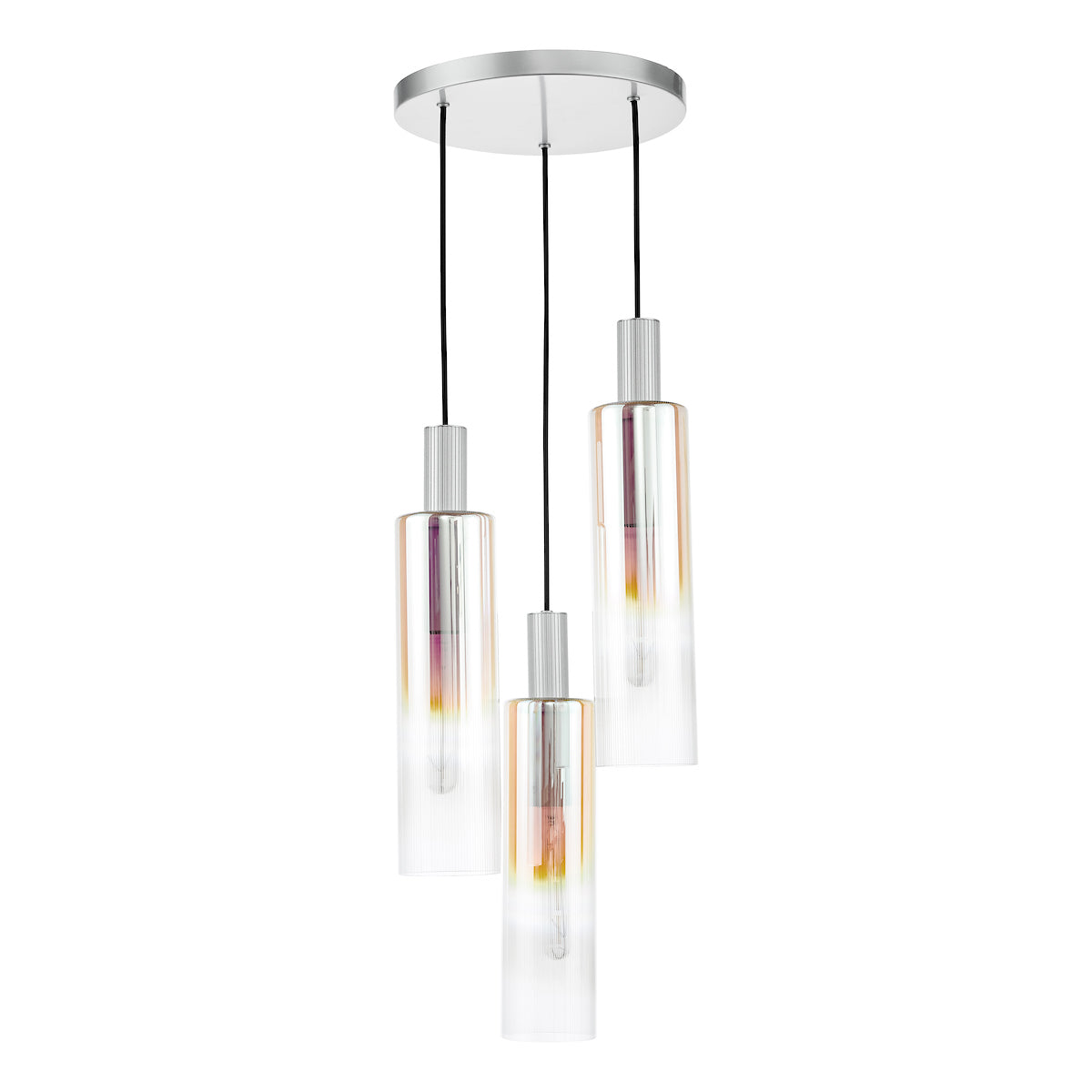 Dar Ruben 3 Light Cluster Pendant Satin Silver and Ribbed Iridised Glass – from Amos Lighting + Home