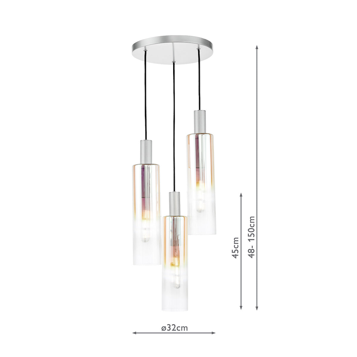 Dar Ruben 3 Light Cluster Pendant Satin Silver and Ribbed Iridised Glass – from Amos Lighting + Home