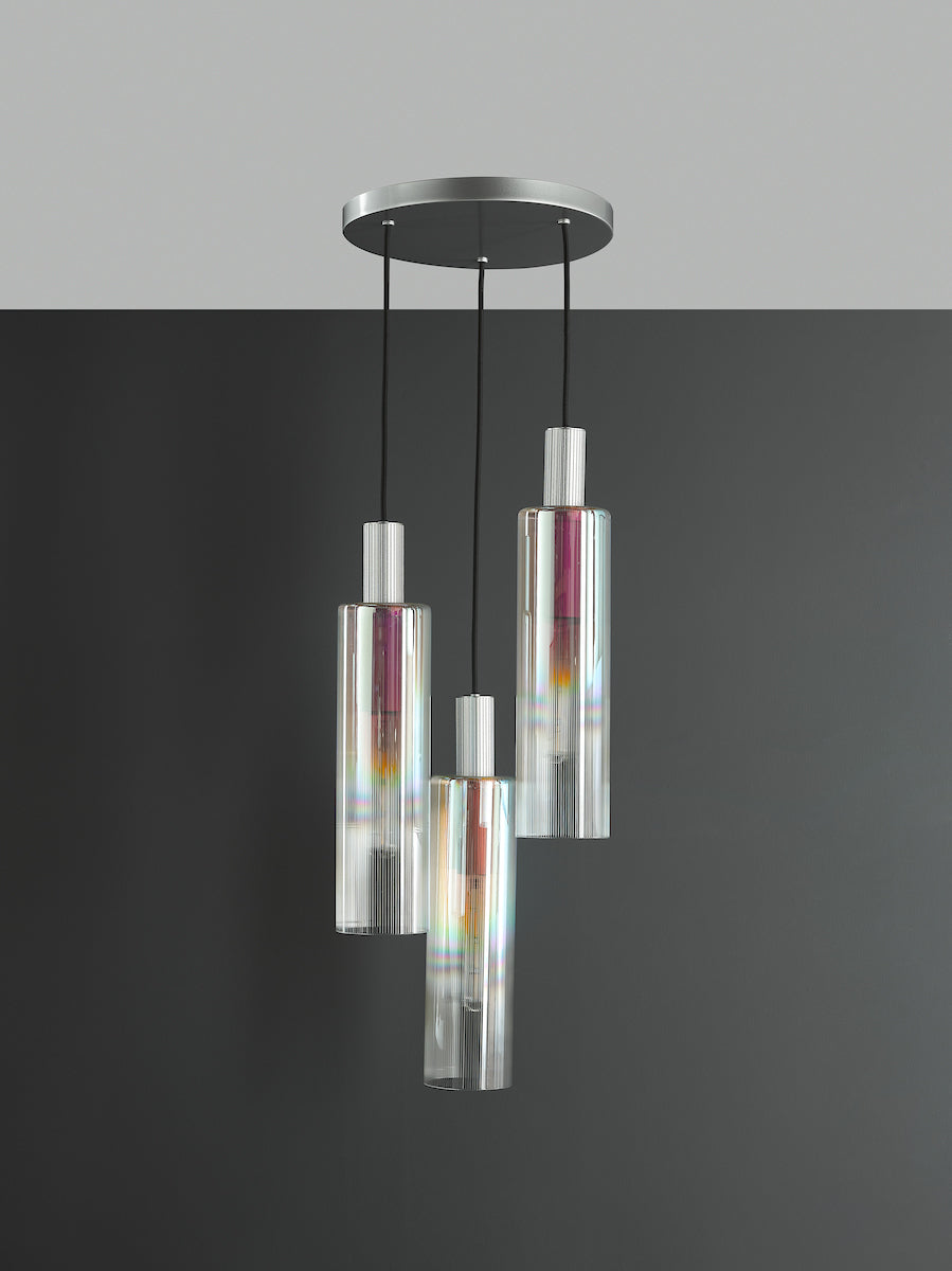 Dar Ruben 3 Light Cluster Pendant Satin Silver and Ribbed Iridised Glass – from Amos Lighting + Home