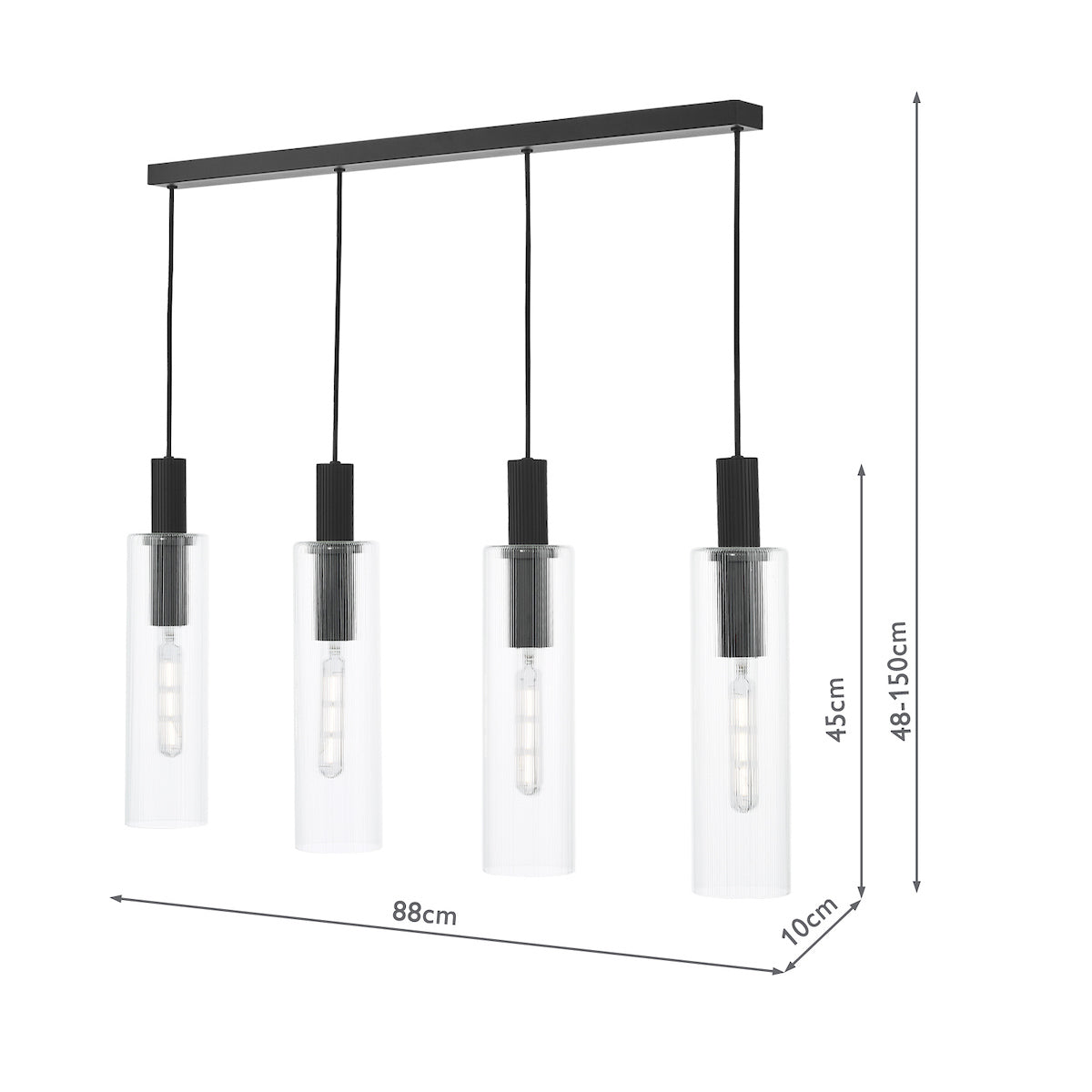 Dar Ruben 4 Light Bar Pendant Satin Black and Ribbed Glass – from Amos Lighting + Home