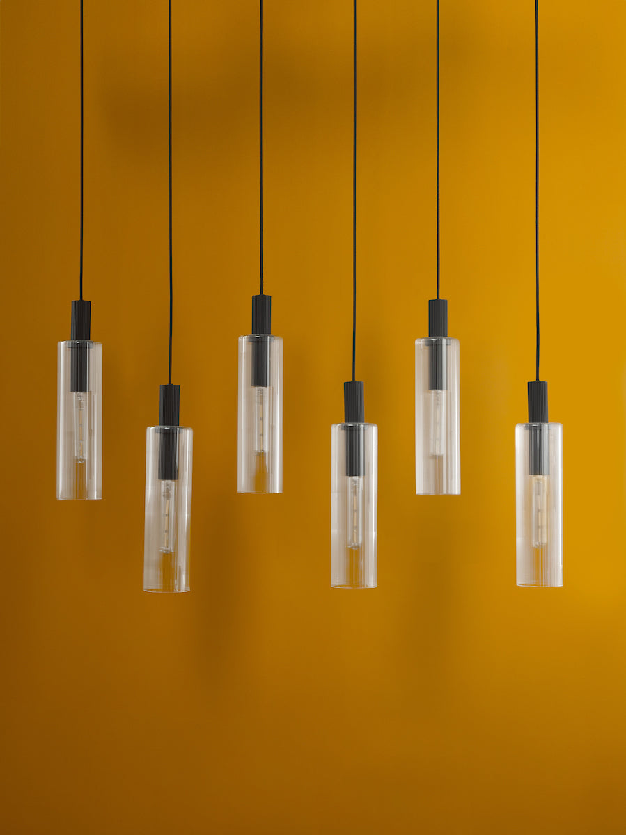 Dar Ruben 6 Light Bar Pendant Satin Black and Ribbed Glass – from Amos Lighting + Home