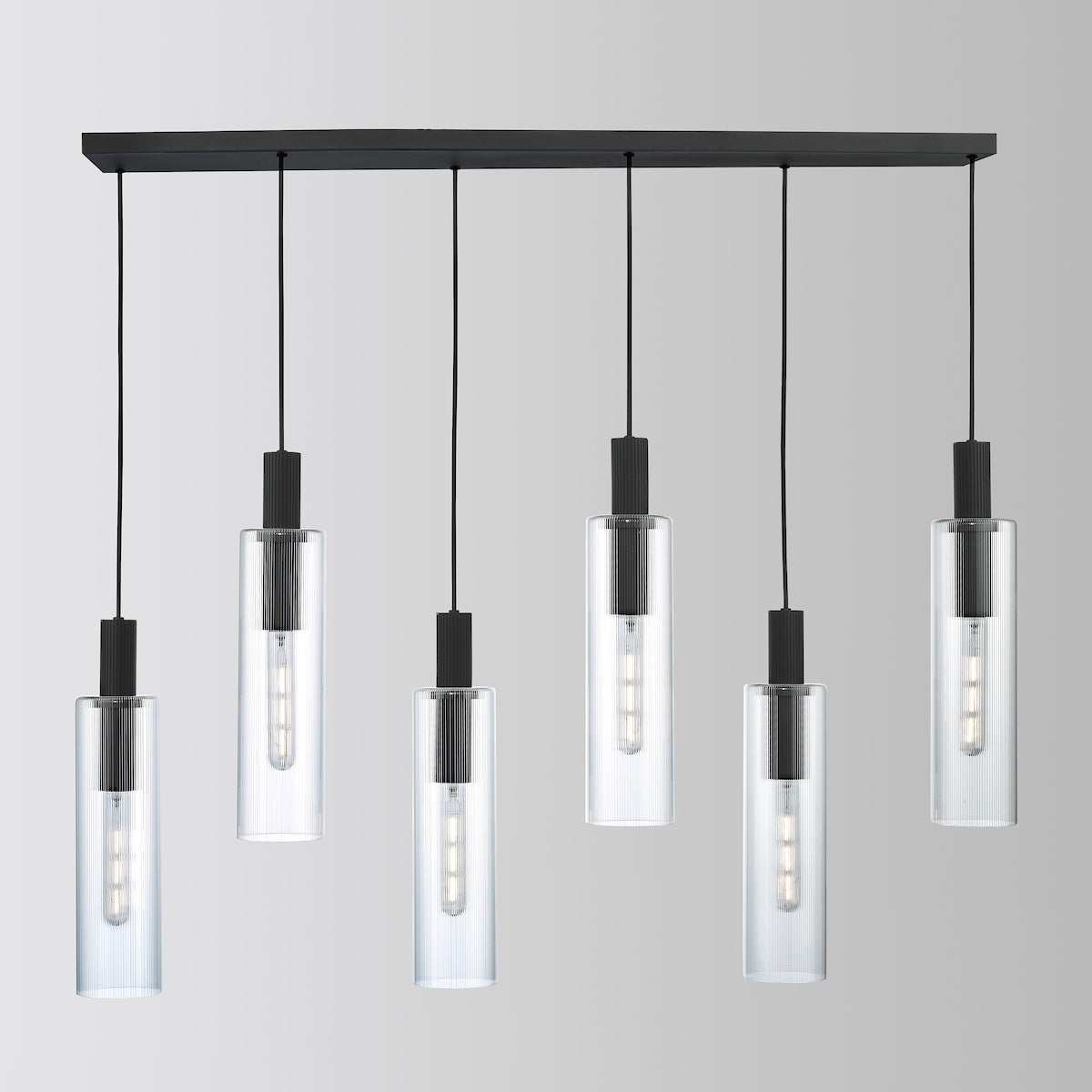 Dar Ruben 6 Light Bar Pendant Satin Black and Ribbed Glass – from Amos Lighting + Home
