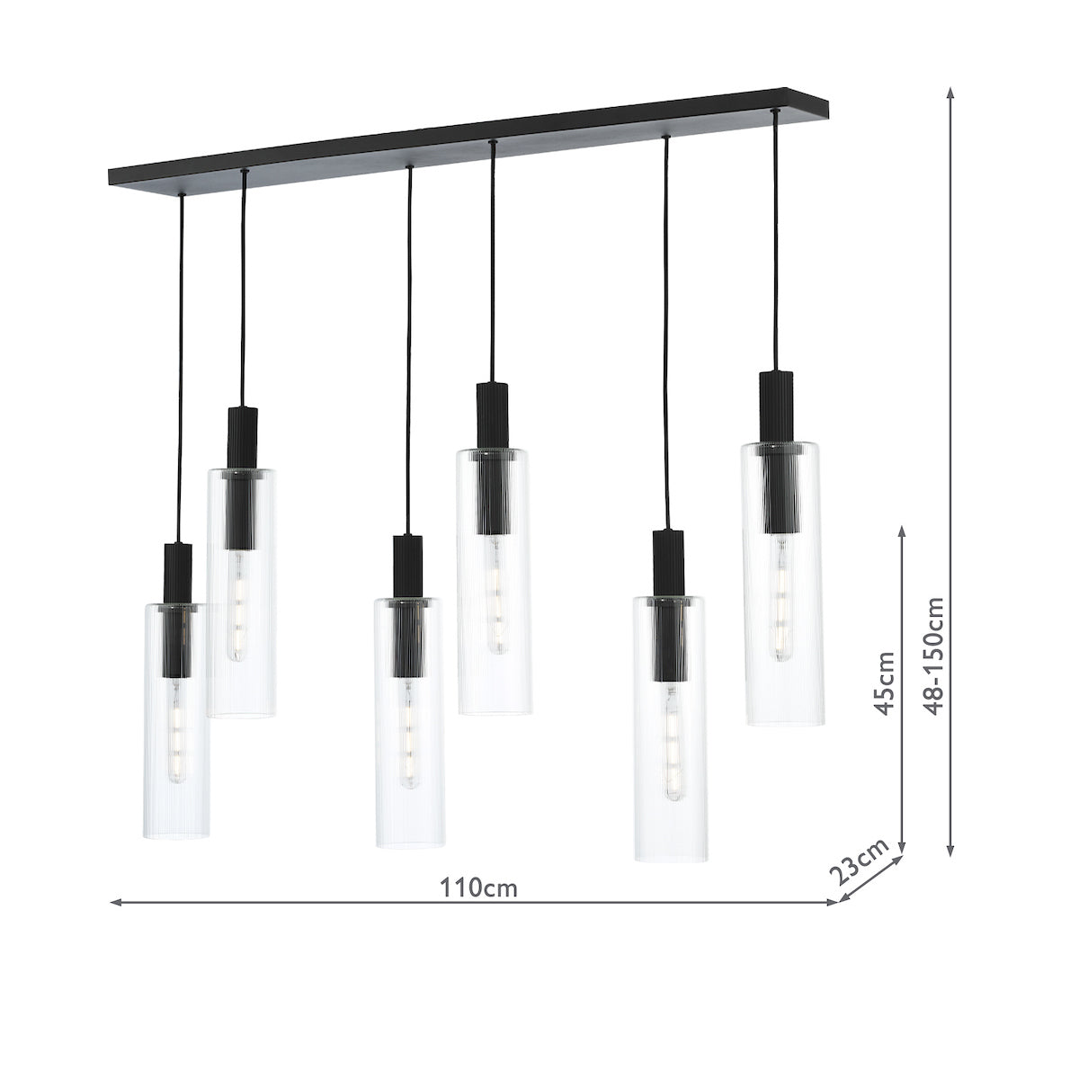 Dar Ruben 6 Light Bar Pendant Satin Black and Ribbed Glass – from Amos Lighting + Home