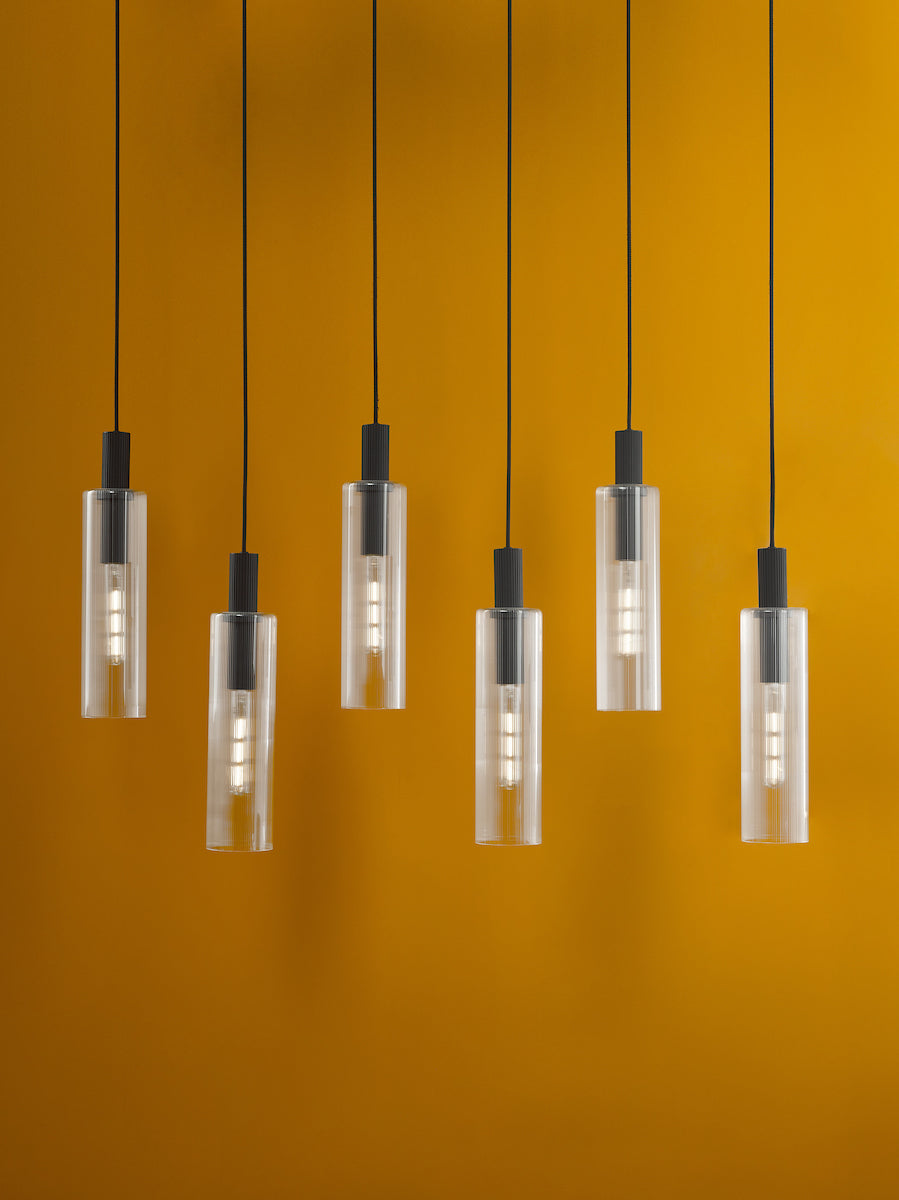 Dar Ruben 6 Light Bar Pendant Satin Black and Ribbed Glass – from Amos Lighting + Home