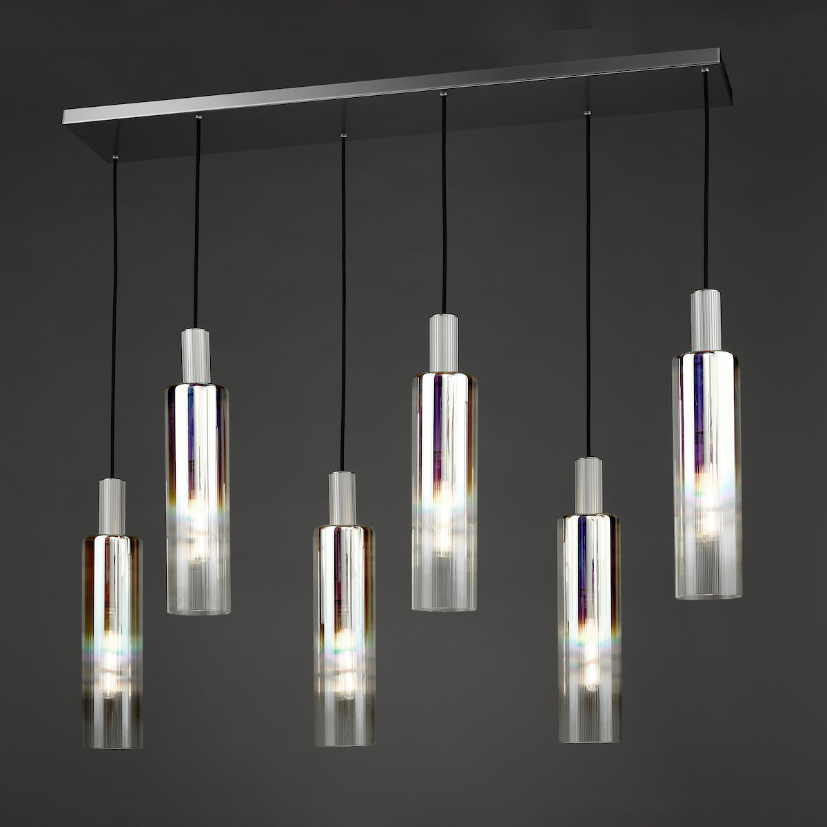 Dar Ruben 6 Light Bar Pendant Satin Silver and Ribbed Iridised Glass – from Amos Lighting + Home