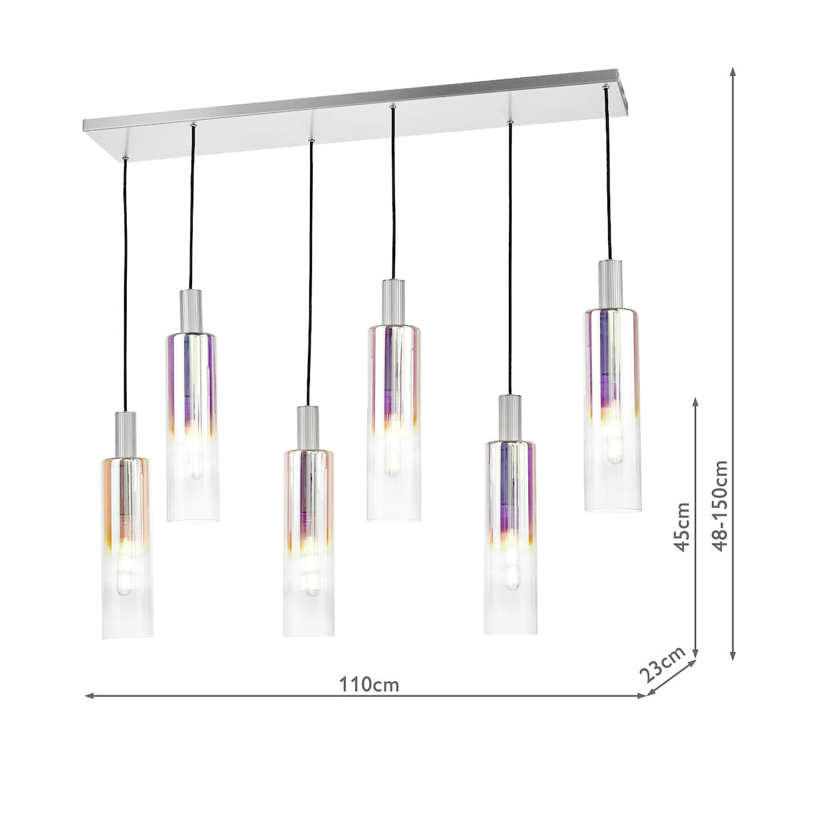 Dar Ruben 6 Light Bar Pendant Satin Silver and Ribbed Iridised Glass – from Amos Lighting + Home