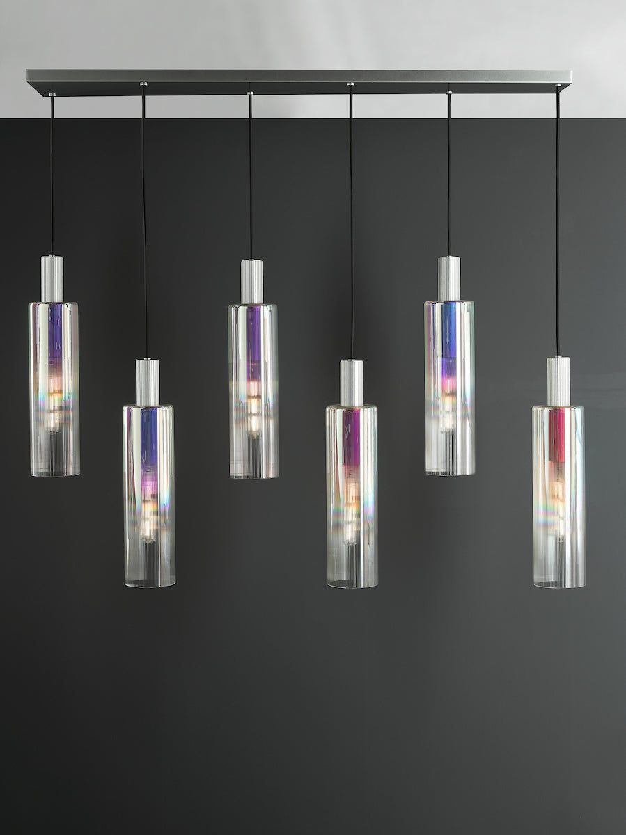 Dar Ruben 6 Light Bar Pendant Satin Silver and Ribbed Iridised Glass – from Amos Lighting + Home
