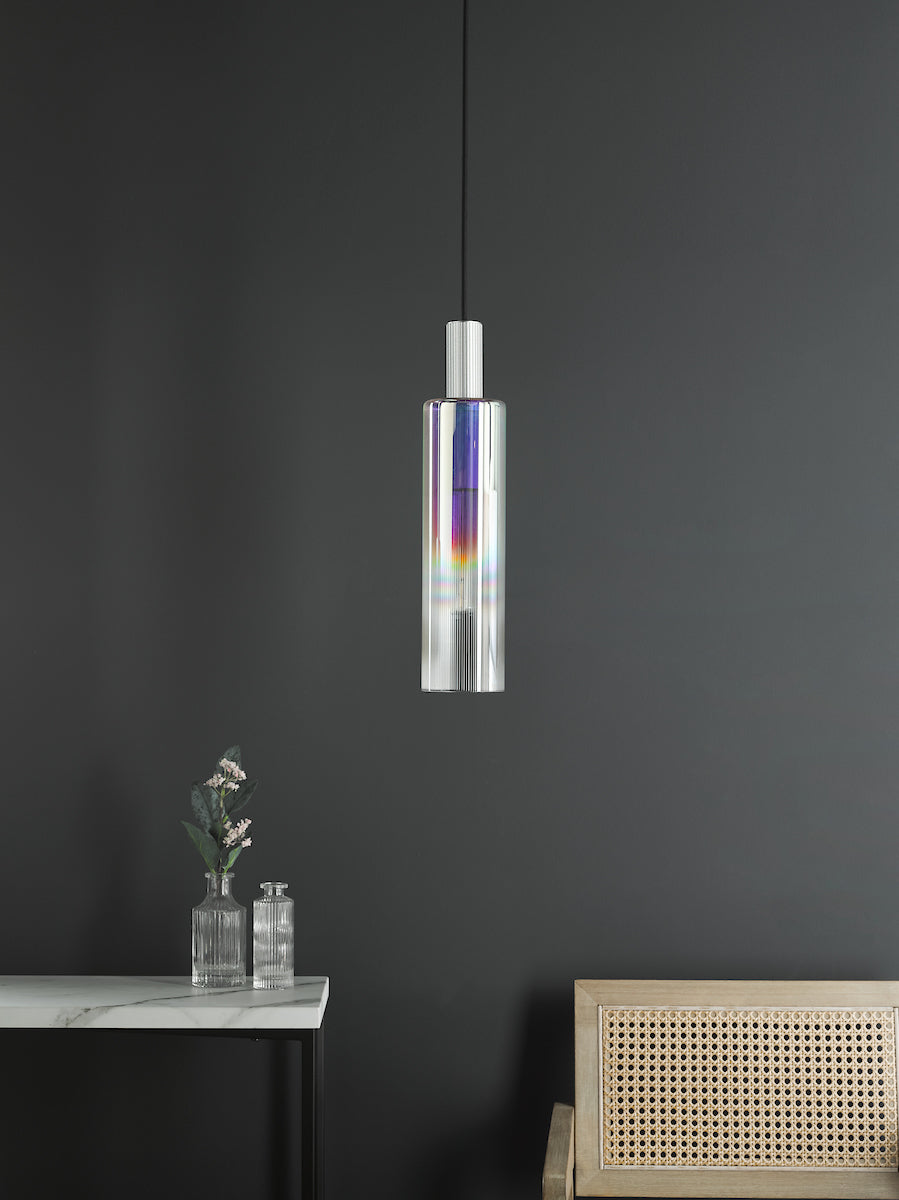 Dar Ruben Pendant Satin Silver and Ribbed Iridised Glass – from Amos Lighting + Home