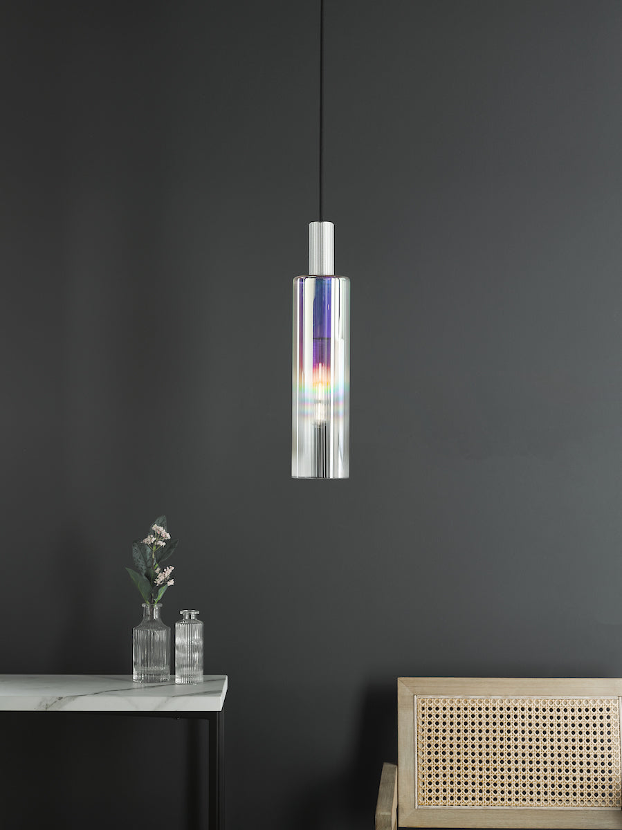 Dar Ruben Pendant Satin Silver and Ribbed Iridised Glass – from Amos Lighting + Home