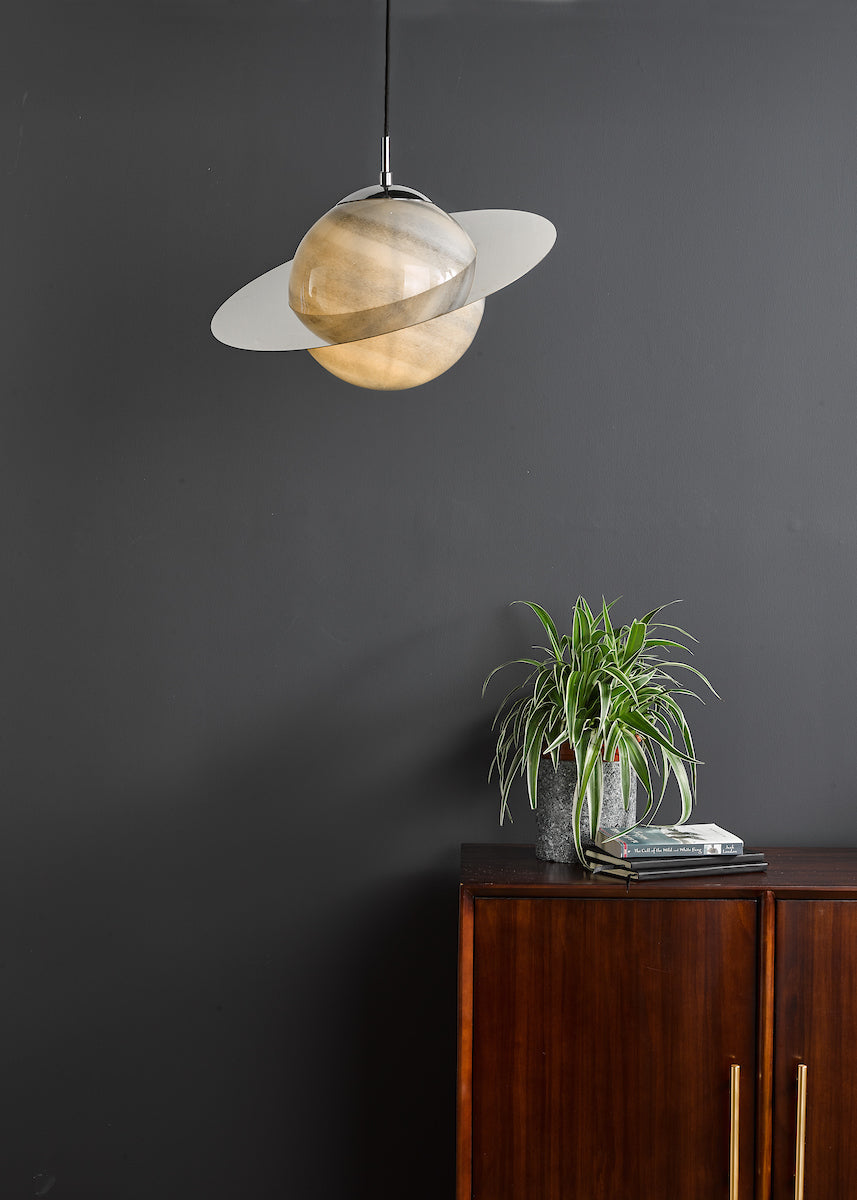 Dar Saturn Pendant Planet Style Glass and Polished Chrome – from Amos Lighting + Home