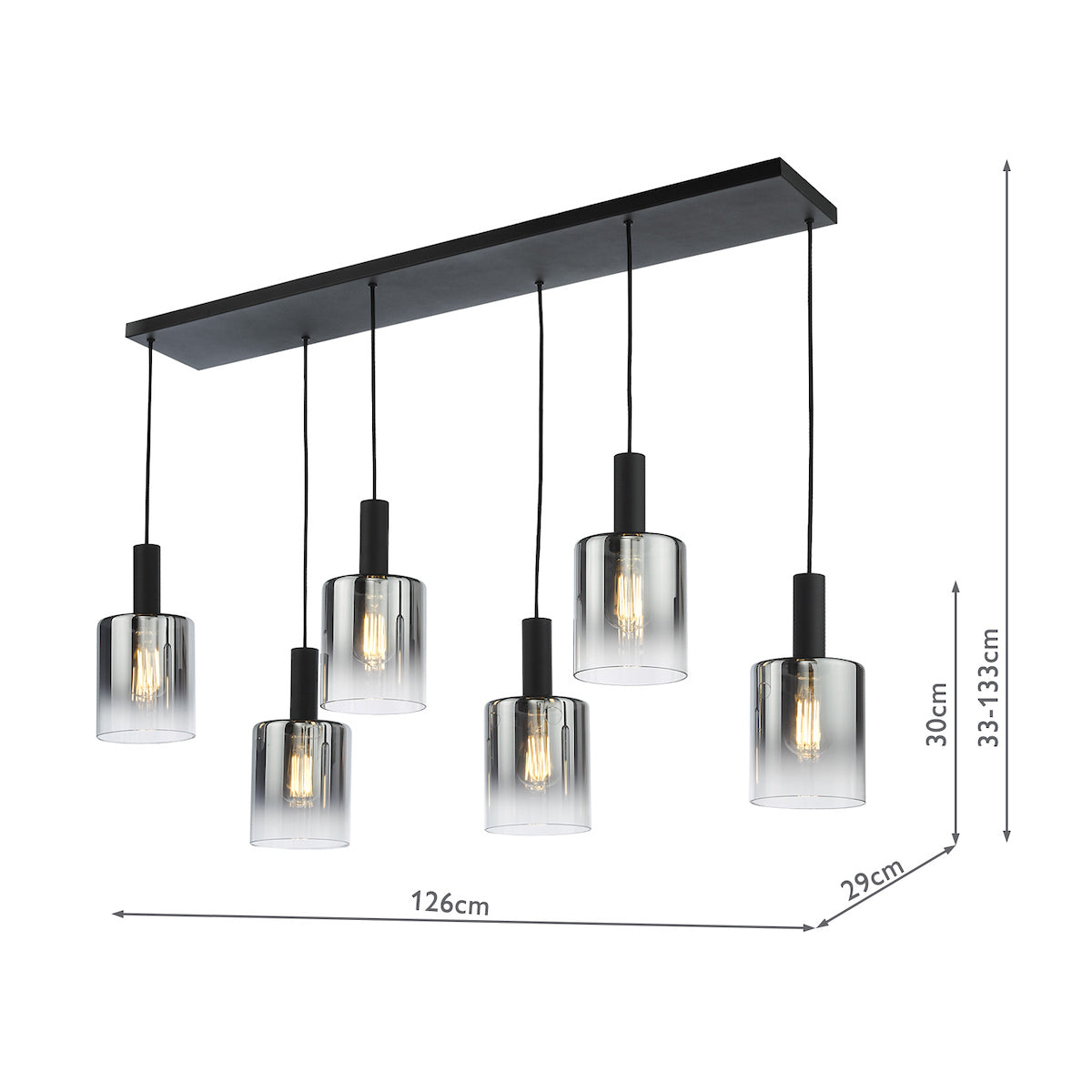 Dar Savannah 6 Light Bar Pendant Matt Black and Smoked Glass – from Amos Lighting + Home