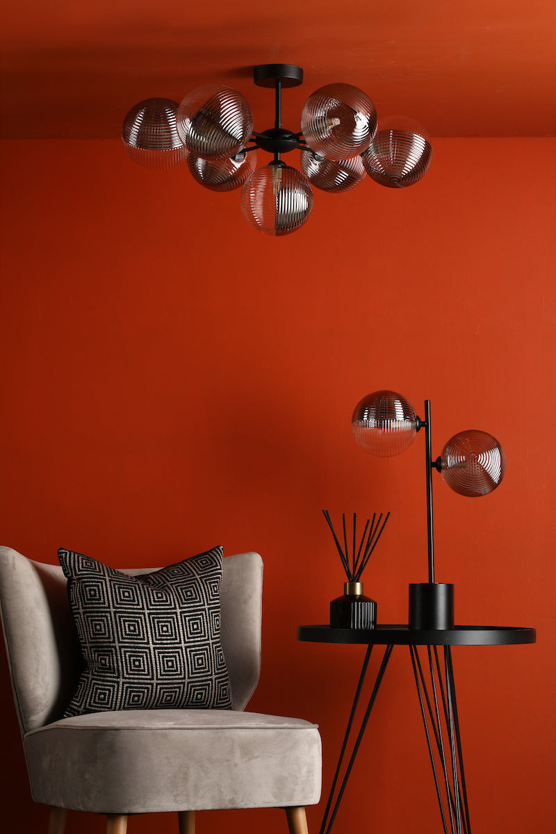 Dar Spiral 2 Light Table Lamp Matt Black & Smoked/Clear Ribbed Glass – from Amos Lighting + Home