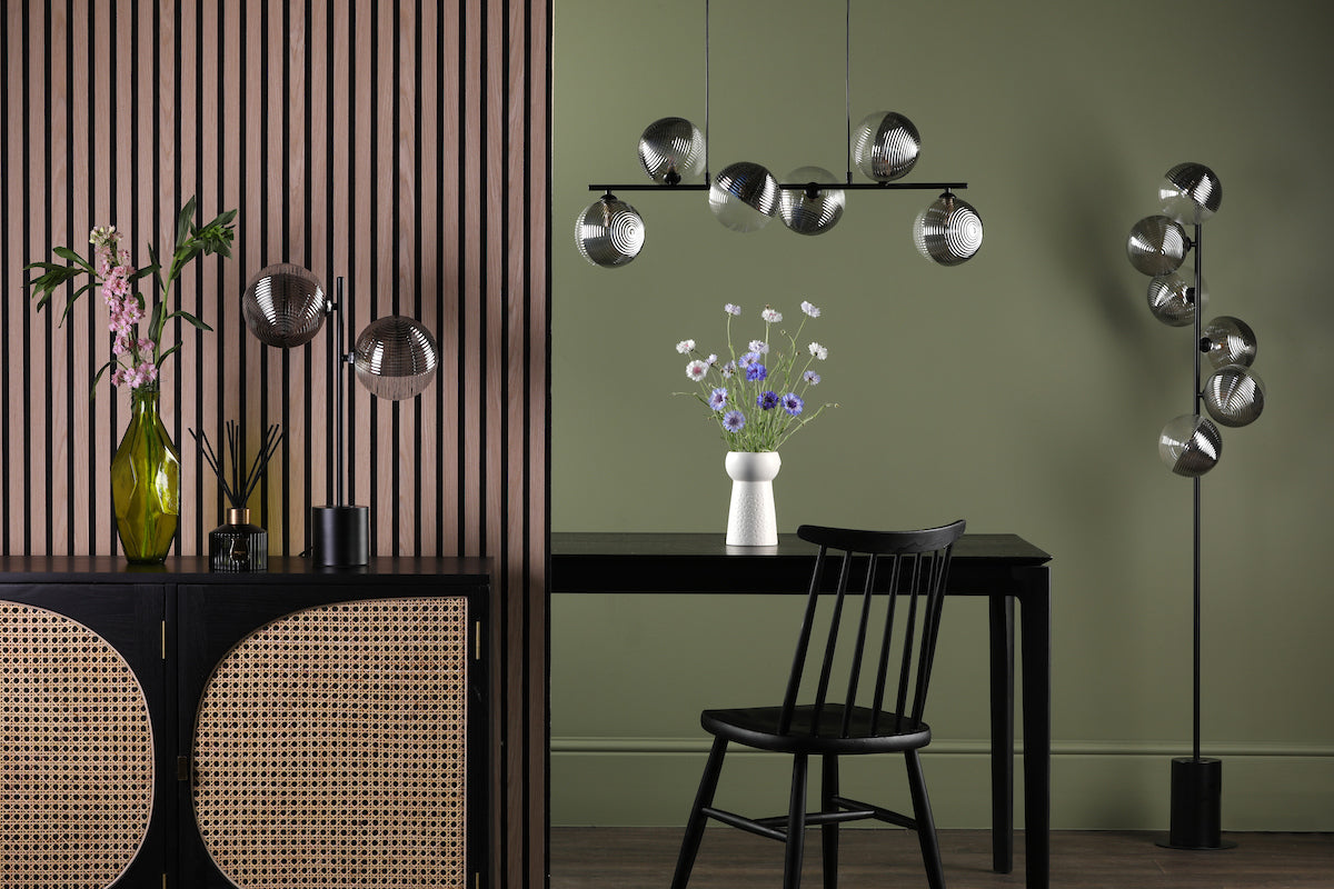 Dar Spiral 6 Light Bar Pendant Matt Black & Smoked/Clear Ribbed Glass – from Amos Lighting + Home