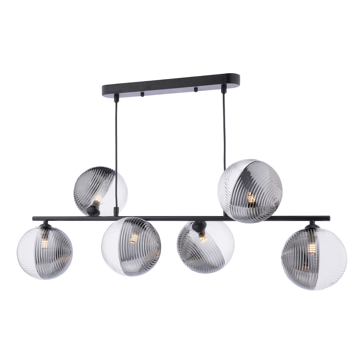 Dar Spiral 6 Light Bar Pendant Matt Black & Smoked/Clear Ribbed Glass – from Amos Lighting + Home