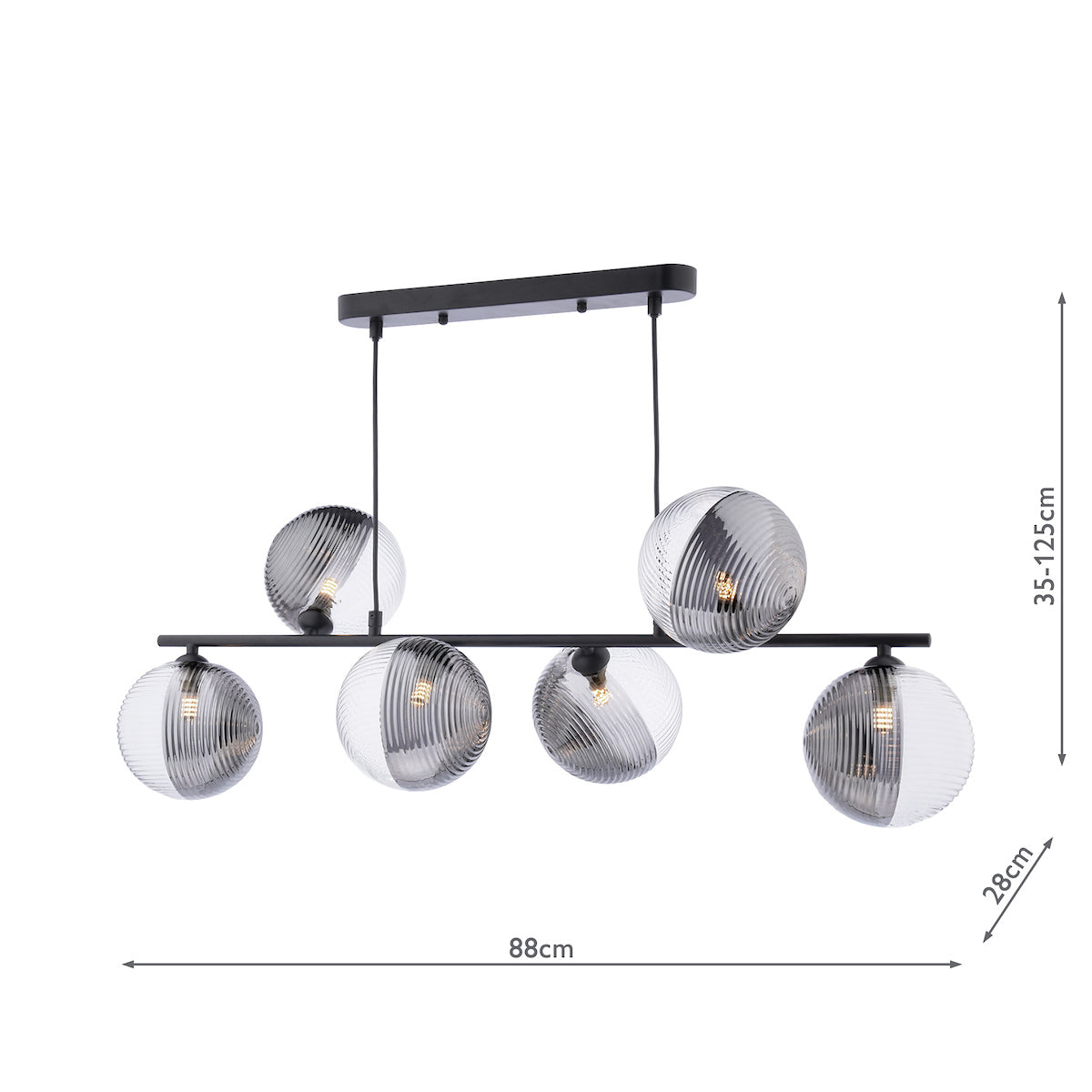 Dar Spiral 6 Light Bar Pendant Matt Black & Smoked/Clear Ribbed Glass – from Amos Lighting + Home