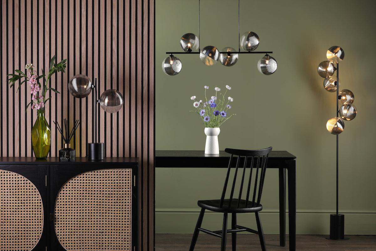 Dar Spiral 6 Light Bar Pendant Matt Black & Smoked/Clear Ribbed Glass – from Amos Lighting + Home