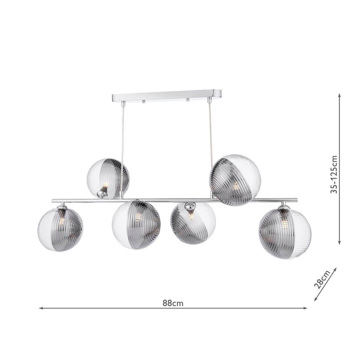 Dar Spiral 6 Light Bar Pendant Polished Chrome & Smoked/Clear Ribbed Glass – from Amos Lighting + Home