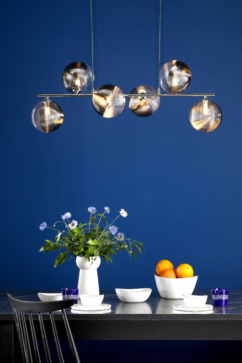 Dar Spiral 6 Light Bar Pendant Polished Chrome & Smoked/Clear Ribbed Glass – from Amos Lighting + Home
